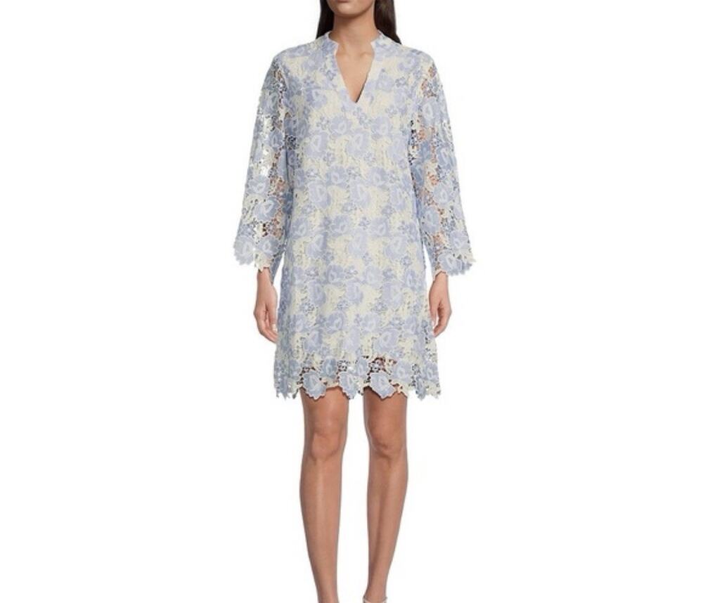 J. Marie Women's Small Crochet Mini Dress Lace Blue Lined Floral Boho Cottage